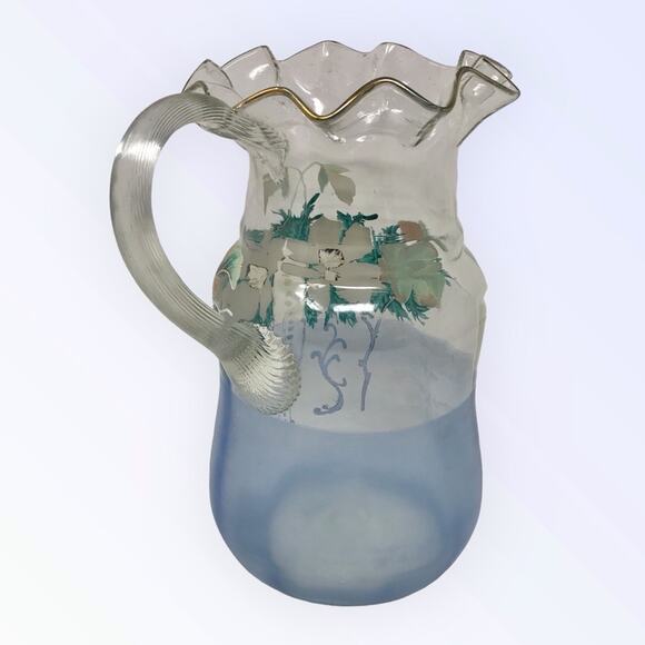 Victorian Enameled Hand Painted Pitcher Blue Art Glass Floral Design - Picture 8 of 12